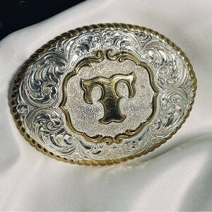 Crumrine Belt Buckle Mens Silver Over Bronze T Initial Western Engraved USA Made
